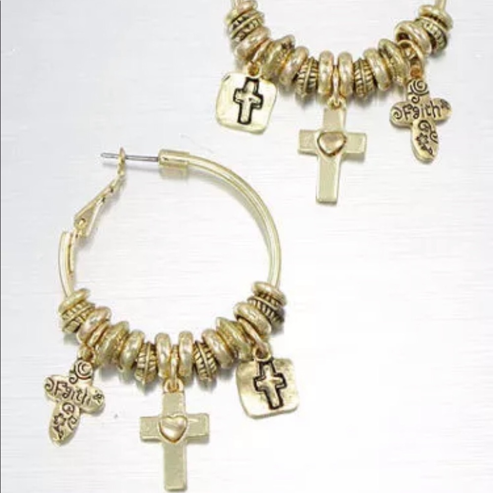 Faith Cross Charm Hoop Earrings Gold Christian